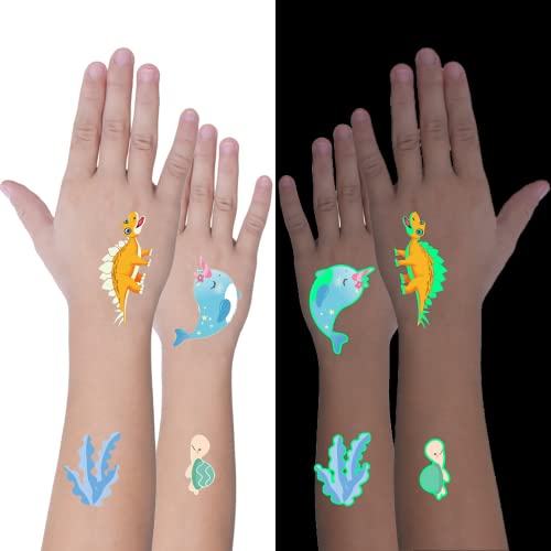 Tatuajes luminosos para niños, 20 hojas de pegatinas de tatuajes temporales de estilos mixtos con animales / sirena / unicornio / dinosaurio para niños y niñas, suministros luminosos para fiestas