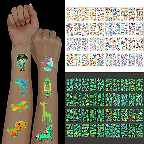 Tatuajes Temporales Niñas Niños, 400 Tatuajes Luminosos Temporales Falso Pegatinas,Tatuajes Unicornio Dinosaurio Sirena Pirata, Infantiles Adultos Fiesta de Cumpleaños Stickers Decor Regalo