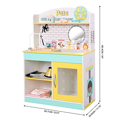 Teamson Kids Little Helper Soporte de Madera para Mascotas Juego de Juguetes de clínica Veterinaria para Gatos y Perros con 19 Accesorios de Juego de Roles Verde / Amarillo TD-13636A