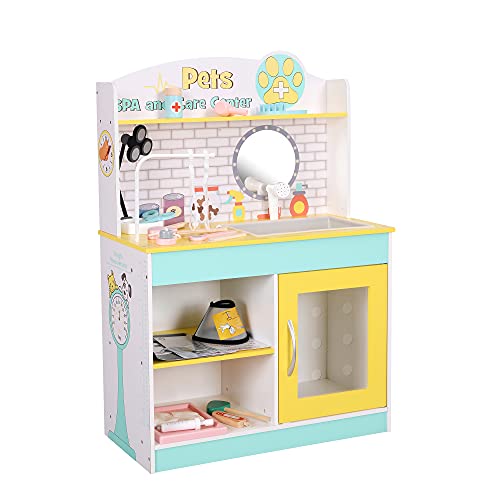 Teamson Kids Little Helper Soporte de Madera para Mascotas Juego de Juguetes de clínica Veterinaria para Gatos y Perros con 19 Accesorios de Juego de Roles Verde / Amarillo TD-13636A