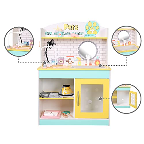 Teamson Kids Little Helper Soporte de Madera para Mascotas Juego de Juguetes de clínica Veterinaria para Gatos y Perros con 19 Accesorios de Juego de Roles Verde / Amarillo TD-13636A