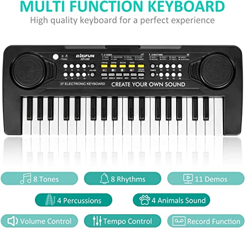 Teclado de piano para niños, 37 teclas, portátil, mini multifunción, electrónico, para aprender a tocar el piano, regalo para niños y niñas, de 3 a 12 años, color negro