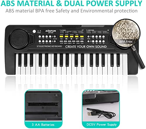 Teclado de piano para niños, 37 teclas, portátil, mini multifunción, electrónico, para aprender a tocar el piano, regalo para niños y niñas, de 3 a 12 años, color negro