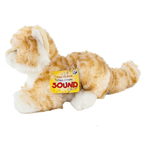 Teddys Rothenburg Gato de peluche con voz, 30 cm (con cola), tumbado, rojo/blanco