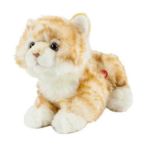 Teddys Rothenburg Gato de peluche con voz, 30 cm (con cola), tumbado, rojo/blanco