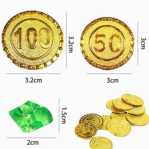 Tesoro Pirata,Búsqueda Del Tesoro,Monedas Doradas de Plástico de Pirata, Piedras Preciosas Piratas,Tesoro Pirata Niños(100 Monedas de Oro + 100 Diamantes)