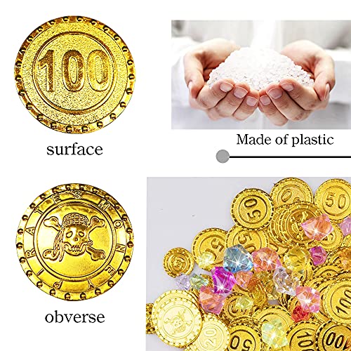 Tesoro Pirata,Búsqueda Del Tesoro,Monedas Doradas de Plástico de Pirata, Piedras Preciosas Piratas,Tesoro Pirata Niños(100 Monedas de Oro + 100 Diamantes)