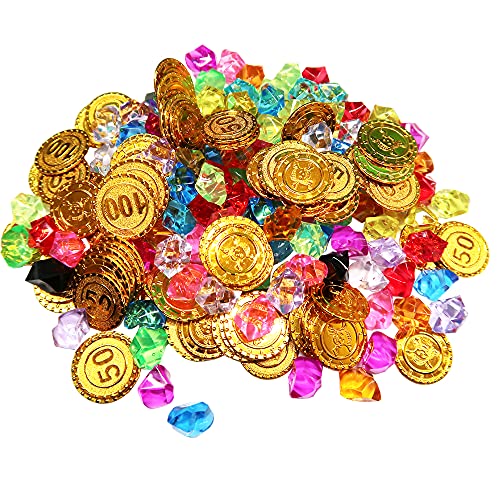 Tesoro Pirata,Búsqueda Del Tesoro,Monedas Doradas de Plástico de Pirata, Piedras Preciosas Piratas,Tesoro Pirata Niños(100 Monedas de Oro + 100 Diamantes)