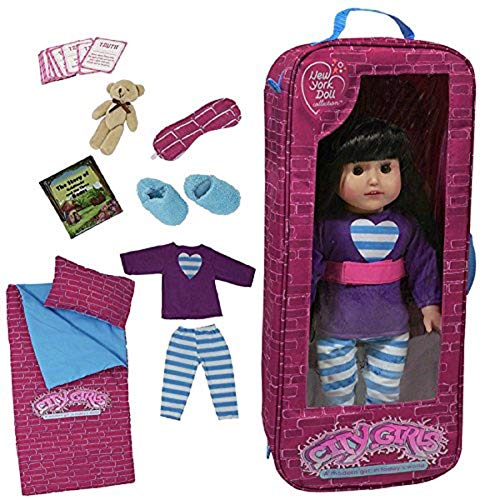 The New York Doll Collection Fiesta de Pijamas Lecho Viaje Bolso Uno Trozo Conjunto Con 9 Accesorios Encaja 18 Pulgadas / 46 cm American Girl Doll - Muñeca Viaje Caso - Muñeca Juego de Juego