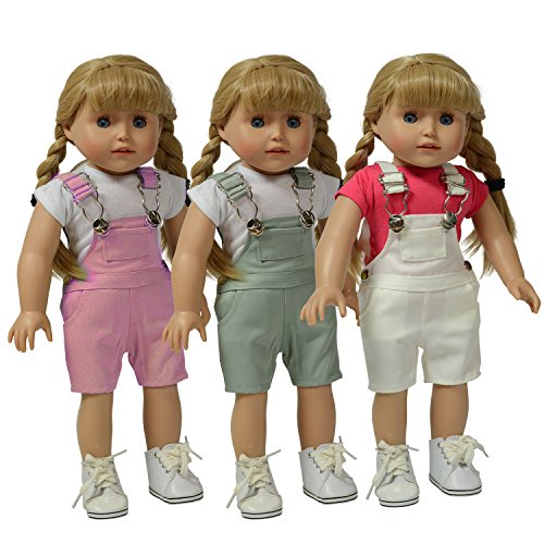 The New York Doll Collection Set de 3 Multi Color Muñeca Tela Asargada Peto - Rosado, Gris y Blanco Peto - Para Moda Niña Muñecas - Encaja 18 pulgadas / 46 cm Muñecas - Muñeca Ropa - Muñeca Accesorios