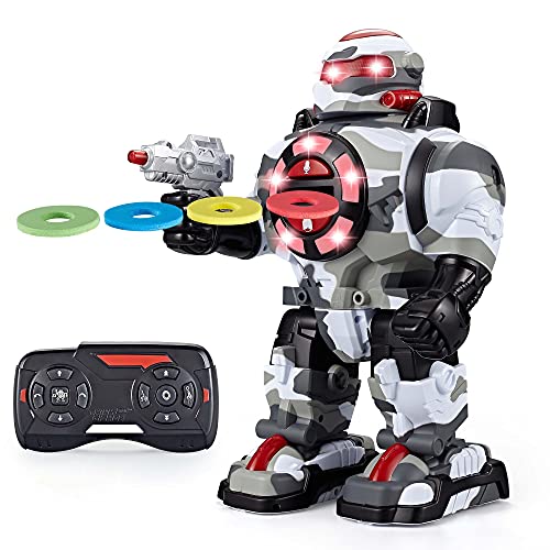 Think Gizmos RoboShooter: Impresionante Robot de Juguete de Control Remoto con grabación de Voz, Discos de Espuma de Disparo rápido, Reproduce música de Baile y Bailes (Blanco Camuflaje)