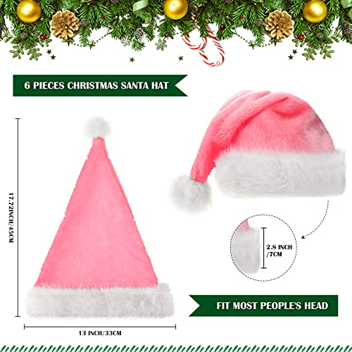 Threan 6 Piezas de Gorros de Papá Noel de Navidad Sombrero de Felpa de Papá Noel de Navidad con Forro Cómodo para Mujeres y Hombres (Estilo Rosa)