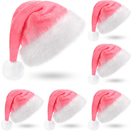 Threan 6 Piezas de Gorros de Papá Noel de Navidad Sombrero de Felpa de Papá Noel de Navidad con Forro Cómodo para Mujeres y Hombres (Estilo Rosa)