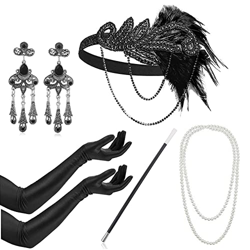 Timelike Juego de accesorios para mujer Flapper de los años 20, incluye collar, guantes, soporte para cigarrillos, diadema, disfraz retro de Charleston Gatsby (#9)