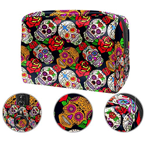 TIZORAX Bolsa de maquillaje mexicana con diseño de calavera de azúcar con rosa de PVC, bolsa de maquillaje de viaje, práctica bolsa organizadora para mujeres