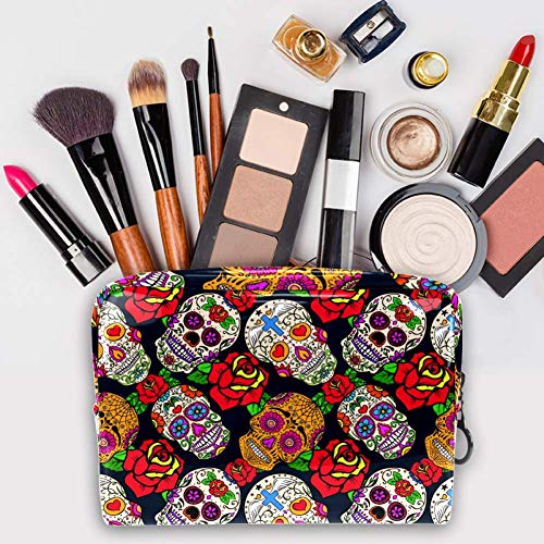 TIZORAX Bolsa de maquillaje mexicana con diseño de calavera de azúcar con rosa de PVC, bolsa de maquillaje de viaje, práctica bolsa organizadora para mujeres