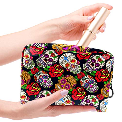 TIZORAX Bolsa de maquillaje mexicana con diseño de calavera de azúcar con rosa de PVC, bolsa de maquillaje de viaje, práctica bolsa organizadora para mujeres