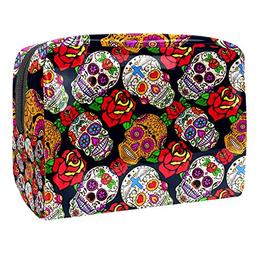 TIZORAX Bolsa de maquillaje mexicana con diseño de calavera de azúcar con rosa de PVC, bolsa de maquillaje de viaje, práctica bolsa organizadora para mujeres