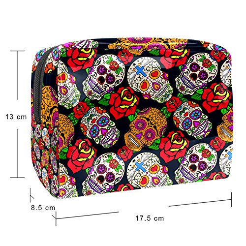 TIZORAX Bolsa de maquillaje mexicana con diseño de calavera de azúcar con rosa de PVC, bolsa de maquillaje de viaje, práctica bolsa organizadora para mujeres