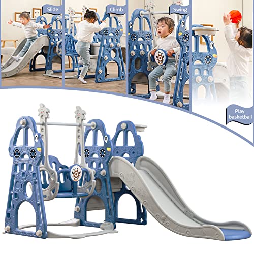 Tobogán y Columpio para niños pequeños 4 en 1 Zona de Juegos para con tobogán Mecedora, escaladores y tobogán de Baloncesto para Bebés niños y niñas Juegos de Juegos en Interiores y Exteriores (Azul)