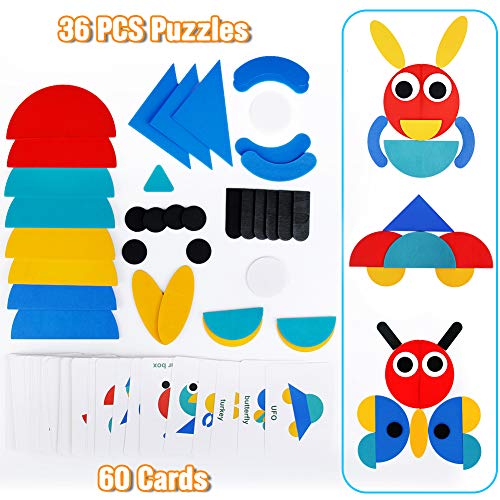 TONZE Puzzles Infantiles Montessori Tangram Madera 3 4 5 6 Anos, 36 Puzzle Madera Montessori+60 PCS Diseño Tarjetas Montessori Juguetes para Niños Niñas