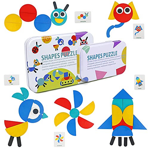 TONZE Puzzles Infantiles Montessori Tangram Madera 3 4 5 6 Anos, 36 Puzzle Madera Montessori+60 PCS Diseño Tarjetas Montessori Juguetes para Niños Niñas