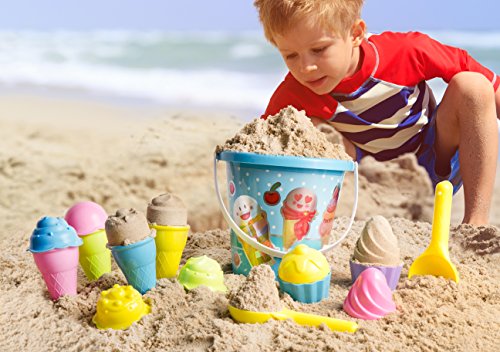 Top Race Juguetes de Playa, Juguetes de Arena, 16 Piezas de Molde de Helado para niños de 3 a 10 con Cubo Grande de Juguete de Playa de 9 Pulgadas para niños y niños pequeños (Azul)