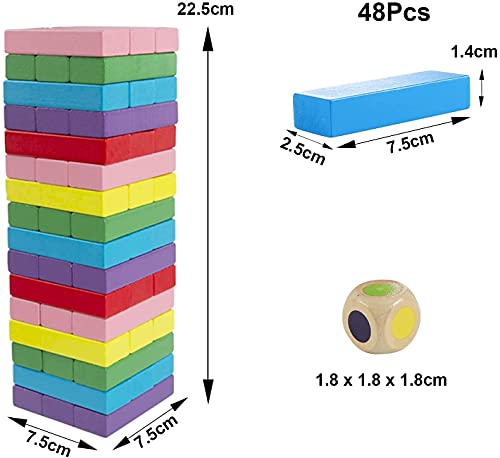 Torre móvil de colores, torre apilable, juego de mesa de madera, juego de aprendizaje clásico, bloques de construcción, juegos apilables, diversión familiar(48 piezas de color aleatorio)