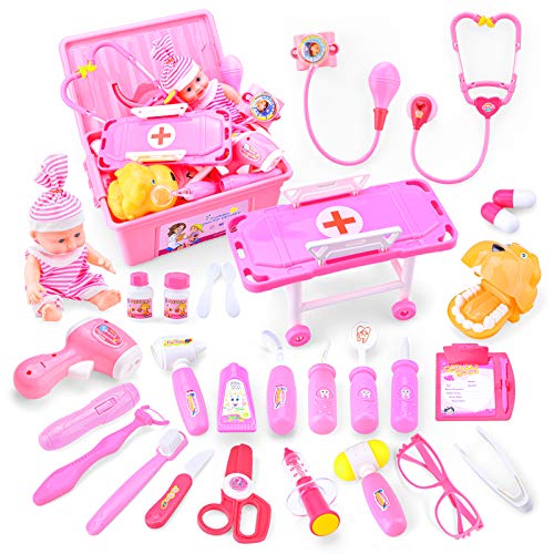 TR Turn Raise Doctor Juguete Infantil 32 Piezas Juguetes Médicos Accesorio Doctor Maletín de Doctor Juego de Imitación para y Niñas 3 años (Rosa)