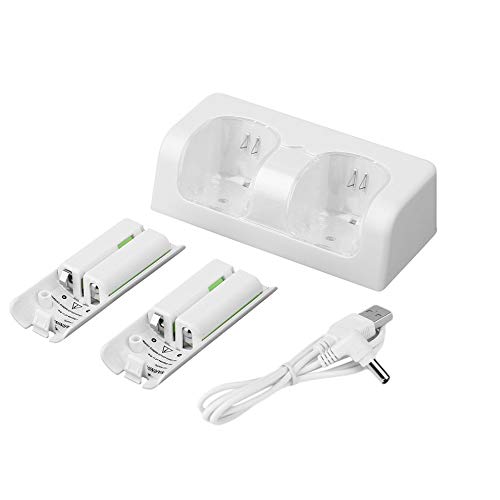 Triamisu Paquete de batería Recargable de Alta Capacidad de 2 PCS 2800mAh con estación de Soporte de Base de Doble Cargador para Control Remoto Wii-Blanco