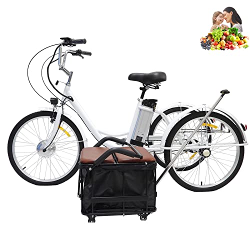 Triciclo de Bicicleta eléctrica Triciclo para Adultos Triciclo de energía híbrido de Tres Ruedas Triciclo de 24 Pulgadas para Ancianos con Asiento para niños + Canasta con Ruedas(24'' White)