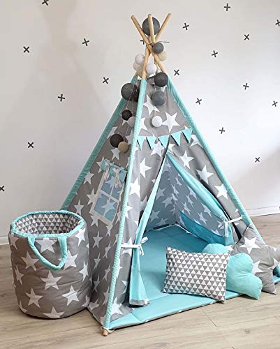 TS Tipi Teepee - Juego de 4 accesorios de tienda de campaña para niños, tienda india, cojín y manta, 6 colores (2 estrellas - turquesa)