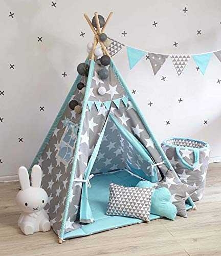 TS Tipi Teepee - Juego de 4 accesorios de tienda de campaña para niños, tienda india, cojín y manta, 6 colores (2 estrellas - turquesa)