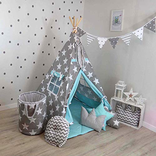 TS Tipi Teepee - Juego de 4 accesorios de tienda de campaña para niños, tienda india, cojín y techo, 14 colores (estrellas gris-turquesa)