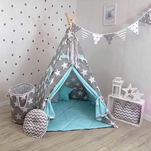 TS Tipi Teepee - Juego de 4 accesorios de tienda de campaña para niños, tienda india, cojín y techo, 14 colores (estrellas gris-turquesa)