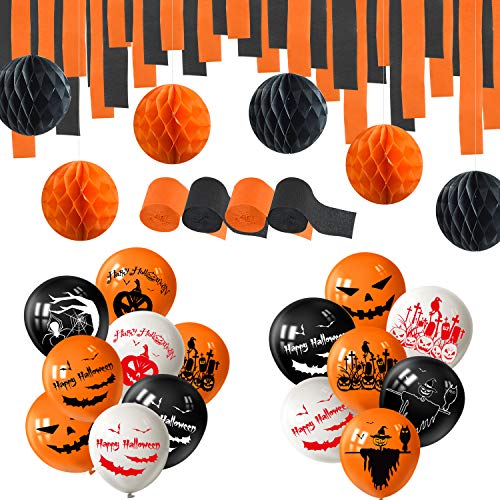 TUPARKA 82 piezas de decoración de Halloween, globos de látex de Halloween con serpentinas de crepé y bolas de nido de abeja para decoraciones de Halloween Suministros para fiestas