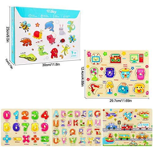 Ulikey 4 Piezas Puzzle de Madera Letras Número Vehículo Mueble, Rompecabezas Madera Aprendizaje Temprano Juego Educativo Juguetes Educativos Montessori Juego de Regalo para Niños Niñas (Número Letras)