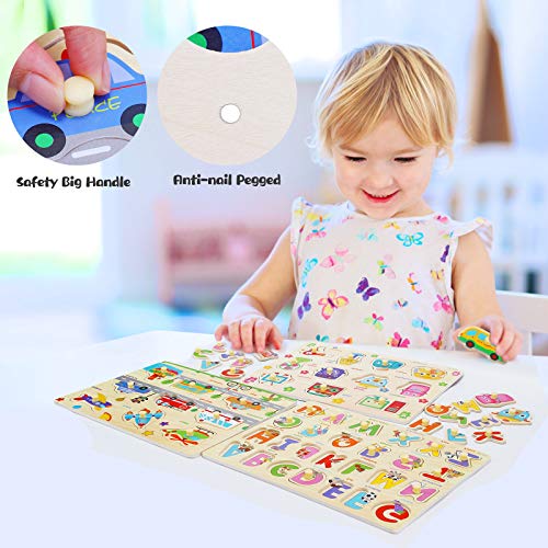 Ulikey 4 Piezas Puzzle de Madera Letras Número Vehículo Mueble, Rompecabezas Madera Aprendizaje Temprano Juego Educativo Juguetes Educativos Montessori Juego de Regalo para Niños Niñas (Número Letras)