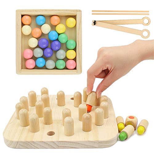 Ulikey Ajedrez de Memoria, Juguete Ajedrez Memoria Madera 2 en 1, Ajedrez de Memoria Montessori de Madera,Juego Memoria Interacción Entre Padres e Hijos, Juguetes Cognitivos de Color para Niños