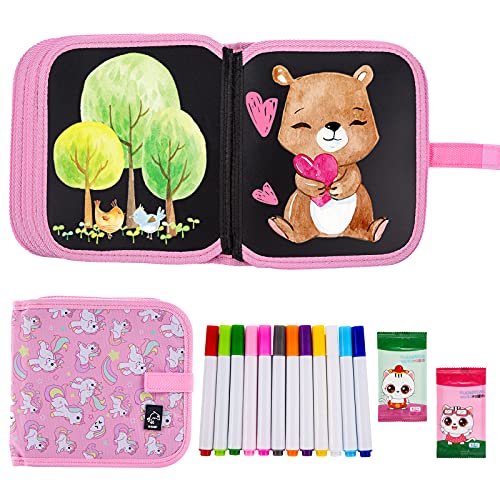 Ulikey Tabla de Dibujo Portátil para Niños, Tablero de Dibujo de Graffiti, Libros Blandos de Pizarra Reutilizable Borrable con 12 Plumas de Colores 14 Página (Unicornio Rosa)