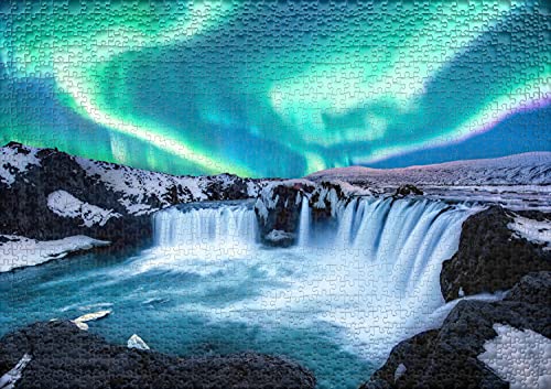 Ulmer Puzzleschmiede - Puzzle "Los elementos del norte": Puzzle de 1000 piezas - Cascada de Godafoss en Noruega con la aurora boreal en el cielo