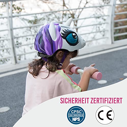 Unicornio - Casco de bicicleta infantil de seguridad ajustable para niños de 3 a 8 años, casco de bicicleta para monopatín, patinete, scooter, con certificado CE (49 a 55 cm), color blanco