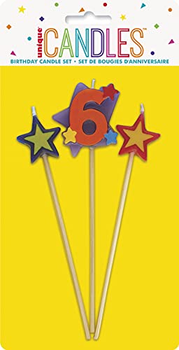 Unique Party- Conjunto de 3 velas de cumpleaños con forma de estrella, número 6 (34046)