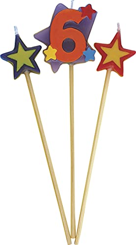 Unique Party- Conjunto de 3 velas de cumpleaños con forma de estrella, número 6 (34046)