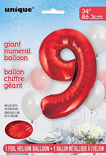 Unique Party- Globo gigante número 9, Color rojo, 86 cm (55859) , color/modelo surtido