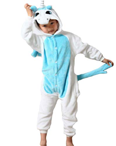 Unisexo Comodidad Suave Franela Disfrace Animales Bebe Kigurumi Traje de Dormir Cosplay Ropa de Salón Pijamas Animal para Niños Niñas Anime Fiesta (S, Unicornio Azul Claro)