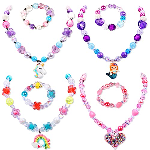 Vamei 8 Piezas Joyas Niña Collar Pulsera Amistad con Colgante Unicornio Sirena Arcoíris Corazón Colorido Princesa Joyería Set Cumpleaños Fiesta Regalo para Niñas