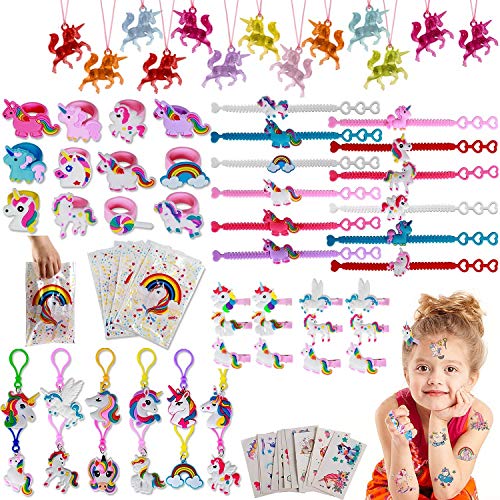 vamei 84 Piezas Relleno Piñatas Unicornio Cumpleaños Artículos de Fiesta Bolsos Unicornio Llavero Pulseras Pinzas Pelo Collares Anillos Tatuajes Unicornio Regalos Cumpleaños para Niños Niñas