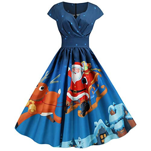 Vestido vintage de manga corta de Navidad de los años 50 para mujer, vestido de fiesta de noche, vestido vintage de Navidad, azul, M