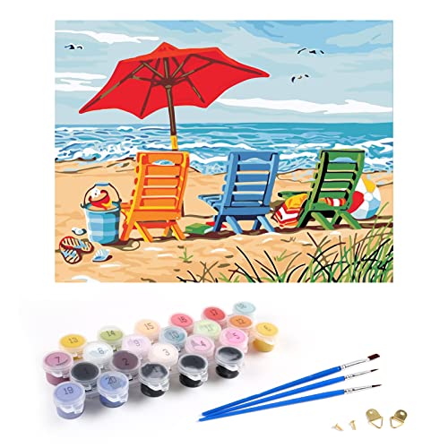 VIKMARI Kit de Pintura por números para Adultos Paisaje DIY Pintura al óleo por número Kit para niños Pintura por número con Pinceles Lupa para decoración de Pared 40 x 50cm Silla de Playa Sin Marco